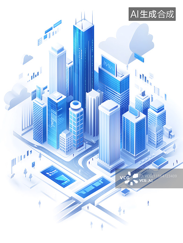 【AI数字艺术】蓝色3D卡通数字城市插画图片素材