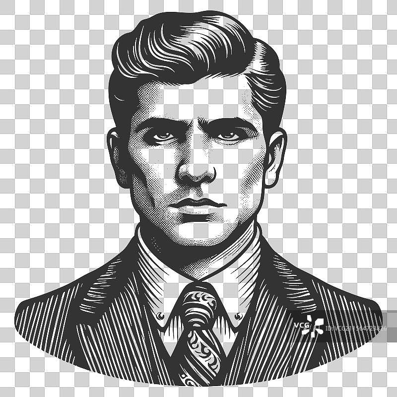 严肃男士的肖像，穿着西装和领带，雕刻版画图片素材