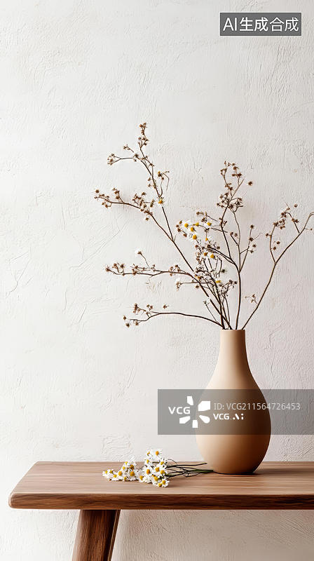 【AI数字艺术】木质桌面上素雅花艺图片素材