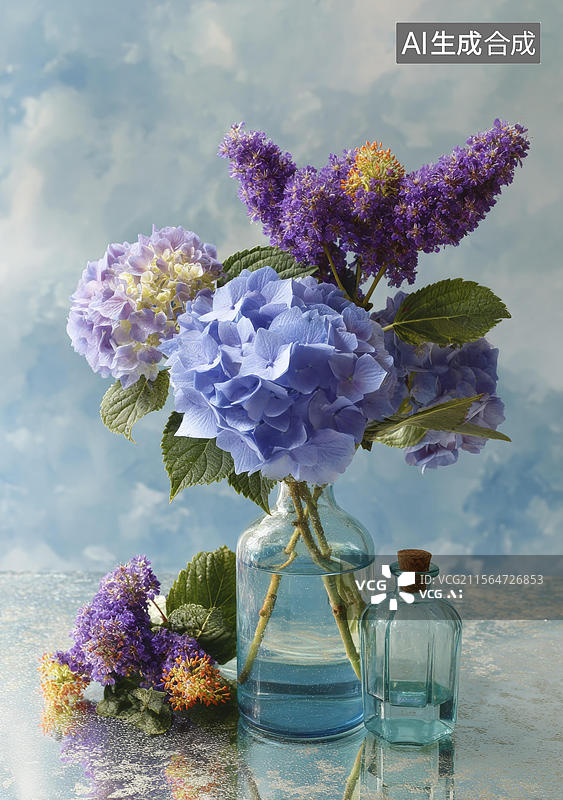 【AI数字艺术】花瓶中美丽的绣球花和丁香花图片素材