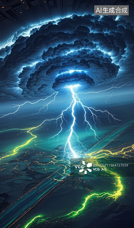 【AI数字艺术】闪电风暴与城市夜景图片素材
