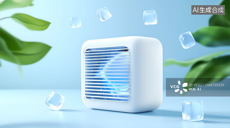 【AI数字艺术】夏日清凉风扇和冰块插画图片素材