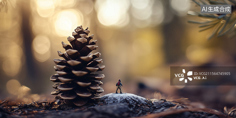 【AI数字艺术】徒步者与松果微缩景观风格户外探险旅行海报插画图片素材
