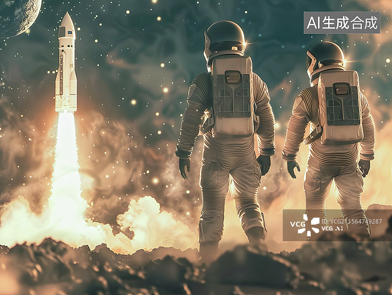 【AI数字艺术】两个宇航员在外太空看火箭升起图片素材