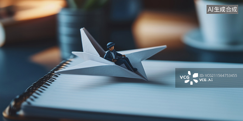 【AI数字艺术】办公桌上小人与纸飞机创意商务旅行海报图片素材