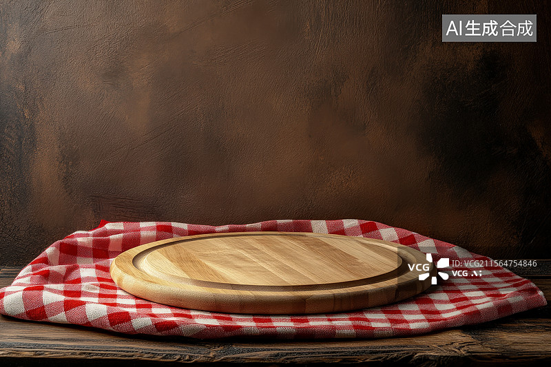【AI数字艺术】红色方格桌布覆盖在木制桌面上，桌面上有圆形木制纹理圆盘案板底座用于产品展示图片素材