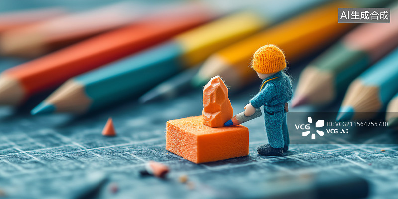 【AI数字艺术】彩色铅笔前小人雕刻艺术创作灵感海报图片素材