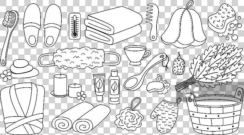 浴室和水疗中心配件的涂鸦套装图片素材