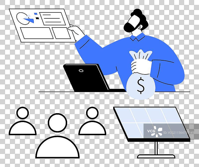 男子展示带有钱袋的财务图表图片素材