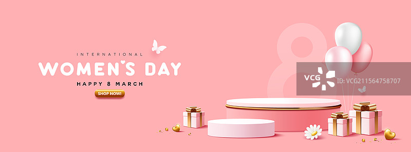 国际妇女节3月8日领奖台展示粉色礼品盒图片素材