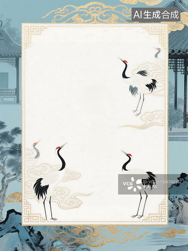 【AI数字艺术】新中式山水背景 广告素材 仙鹤鎏金 请帖 封面插图 国潮风 水墨 工笔画 绘画插画图片素材