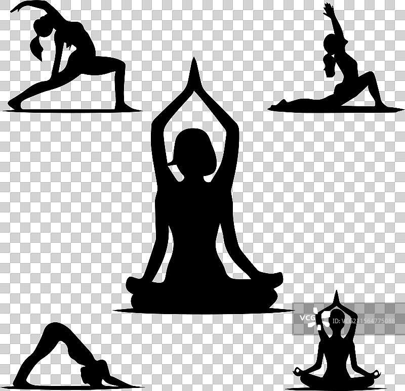 黑白瑜伽姿势的女性剪影图片素材