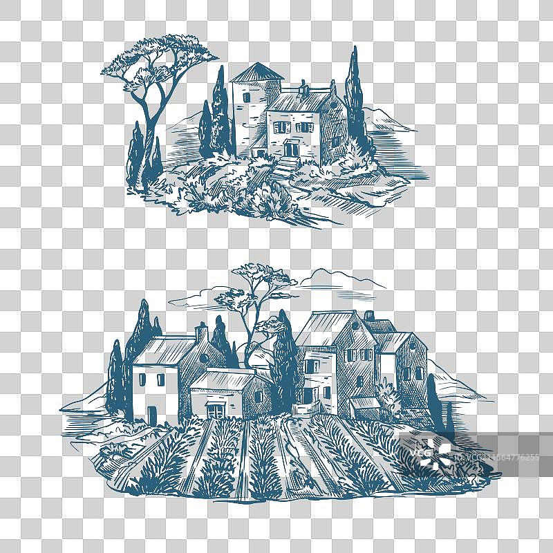 中世纪风格的房屋和磨坊图案图片素材