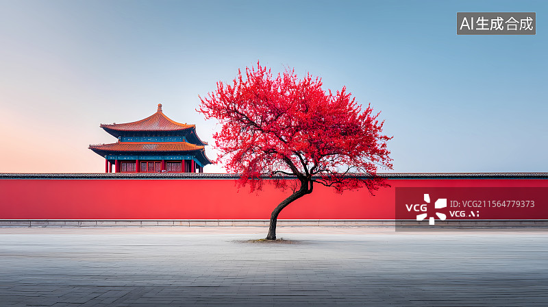 【AI数字艺术】中式红墙和海棠树图片素材