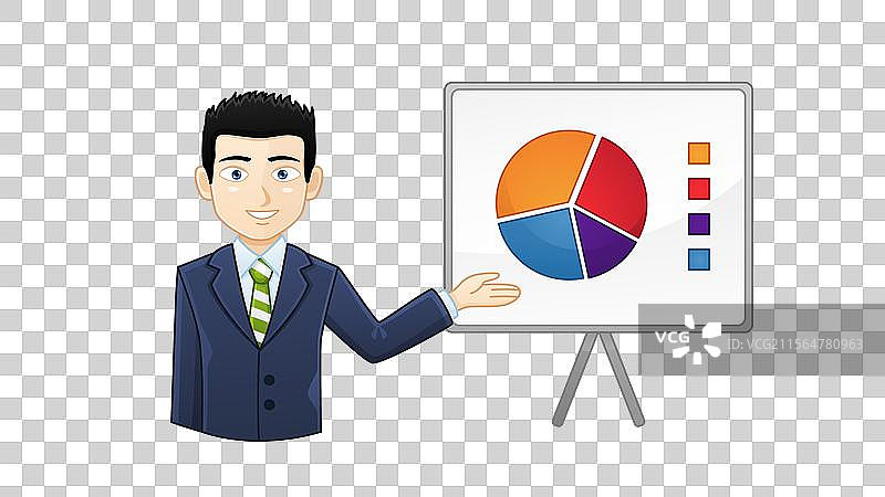 穿西装的男士在翻转图表上展示数据图片素材