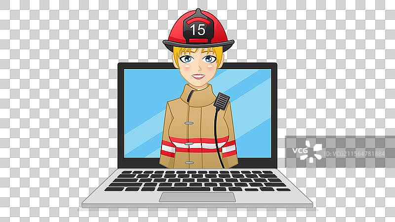 电脑屏幕上的消防员，穿着全套装备的女消防员图片素材