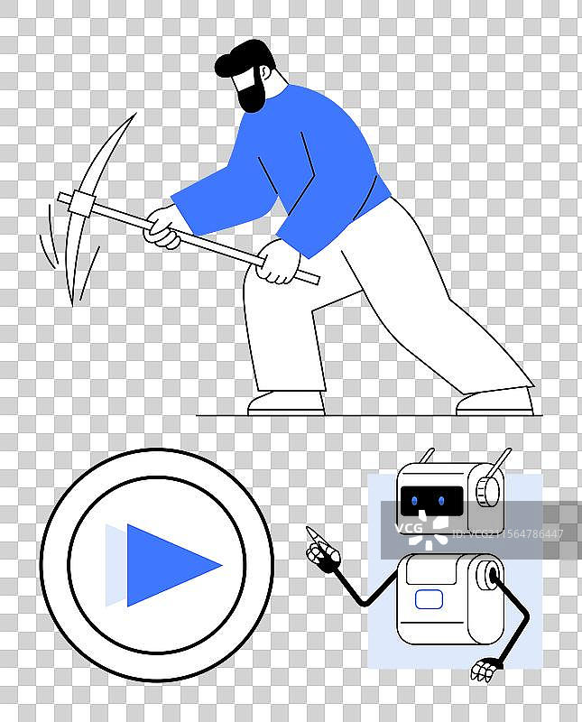 矿工正在用镐工作，播放按钮和图片素材