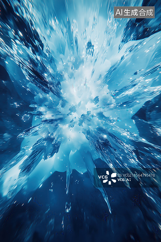 【AI数字艺术】夏天蓝色背景动感画面飞溅的白色冰块3D立体插画图片素材