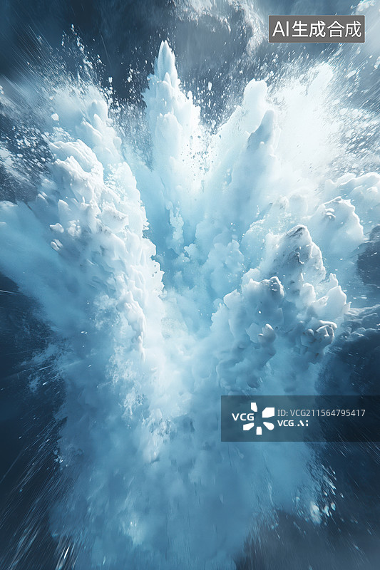 【AI数字艺术】夏天蓝色背景动感画面飞溅的白色冰块3D立体插画图片素材