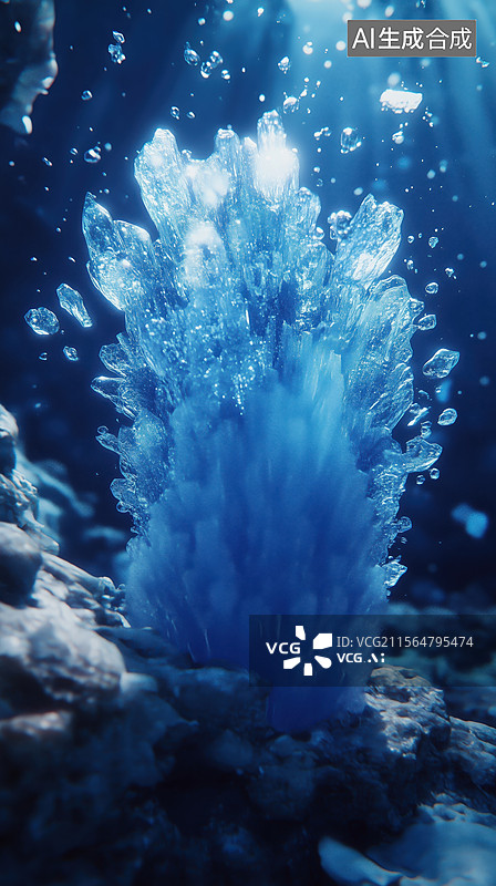 【AI数字艺术】夏天蓝色背景动感画面飞溅的白色冰块3D立体插画图片素材