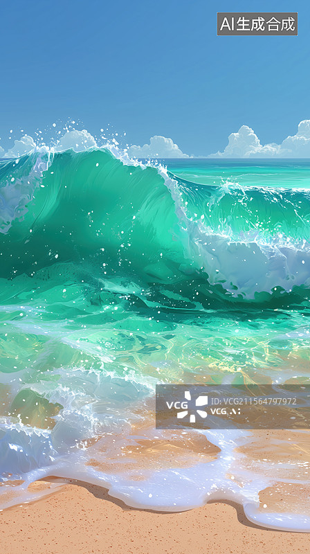 【AI数字艺术】夏季阳光下海滩泛着白色泡沫的海浪3D卡通立体插画图片素材