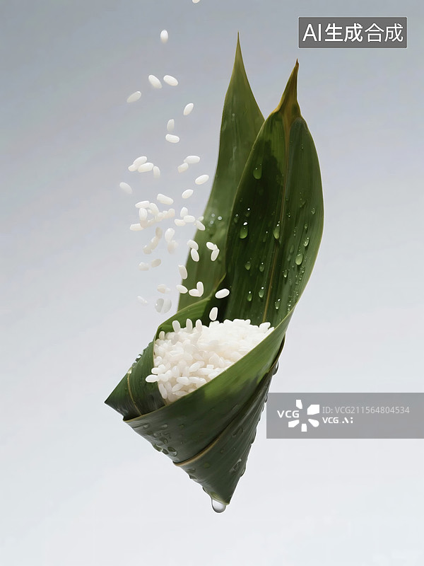 【AI数字艺术】粽子叶包裹糯米，米粒飞溅，水滴晶莹剔透图片素材