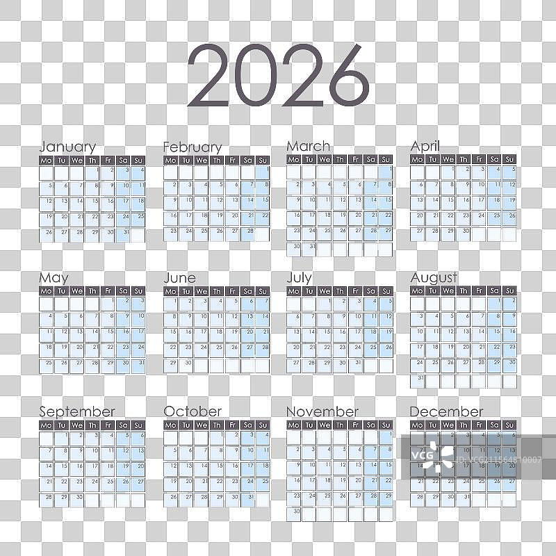 2026年日历，方形设计，周一开始一周图片素材