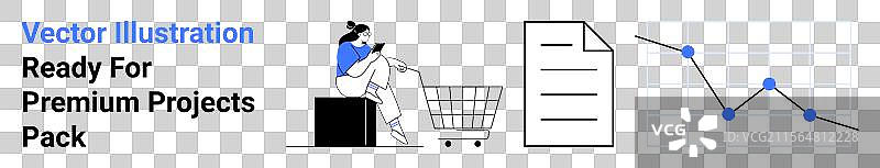 电子商务客户与购物车文档和线条图片素材