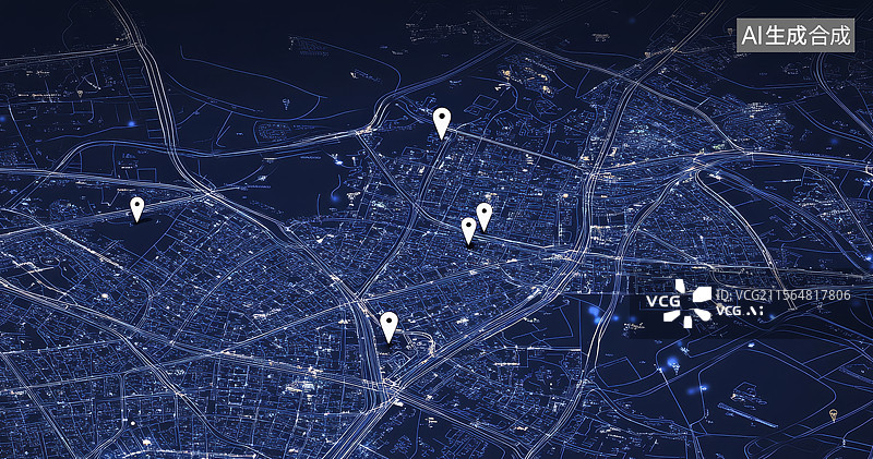 【AI数字艺术】夜间城市地图标记图片素材