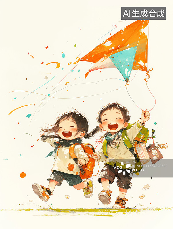 【AI数字艺术】小男孩和小女孩在放风筝图片素材