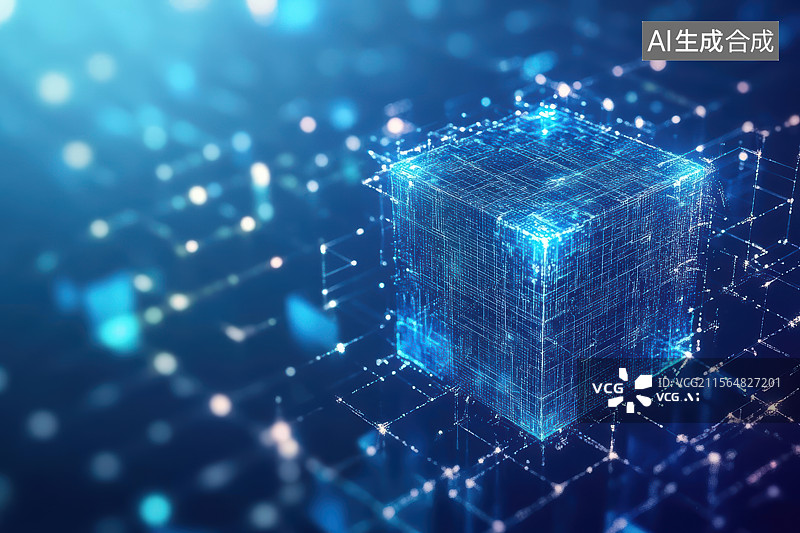 【AI数字艺术】蓝色科技方块线条光点背景图片素材