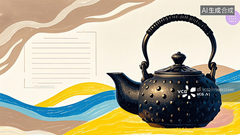 【AI数字艺术】2D卡通居右1.黑铁茶壶与抽象背景图片素材