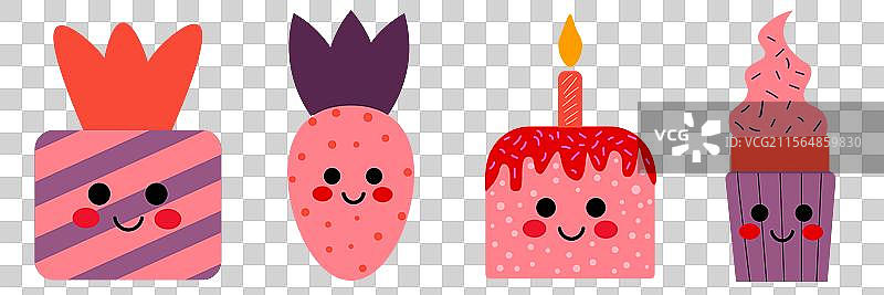 可爱的卡通甜点，包含草莓杯子蛋糕图片素材