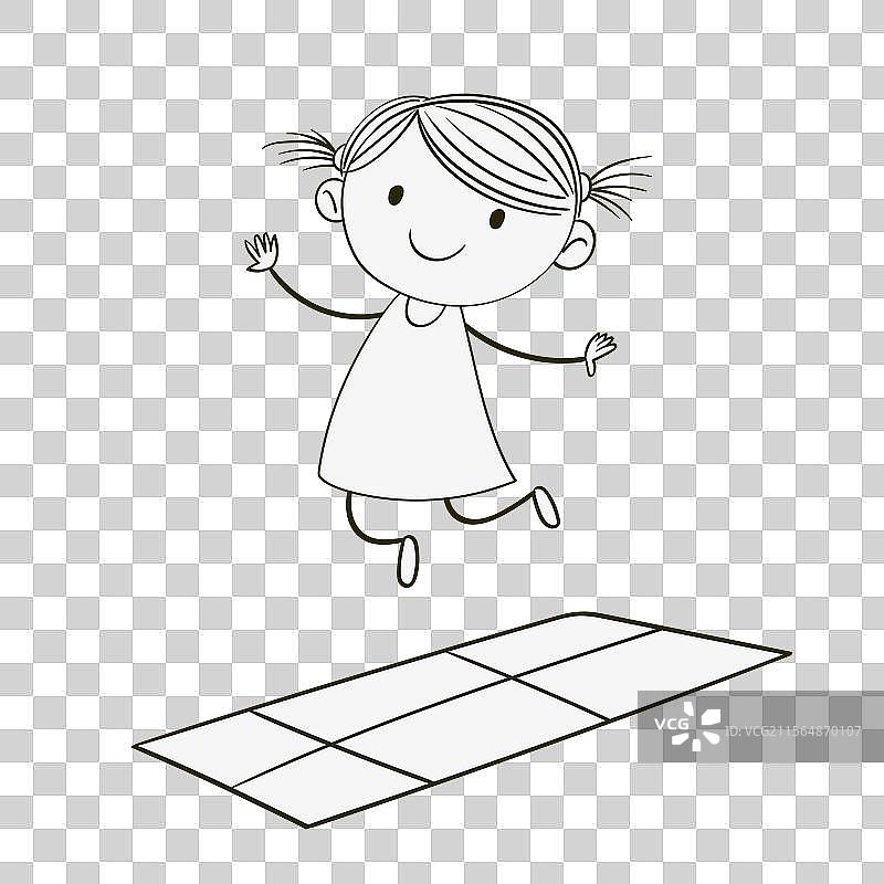 一个快乐的孩子在跳房子格子上跳跃图片素材