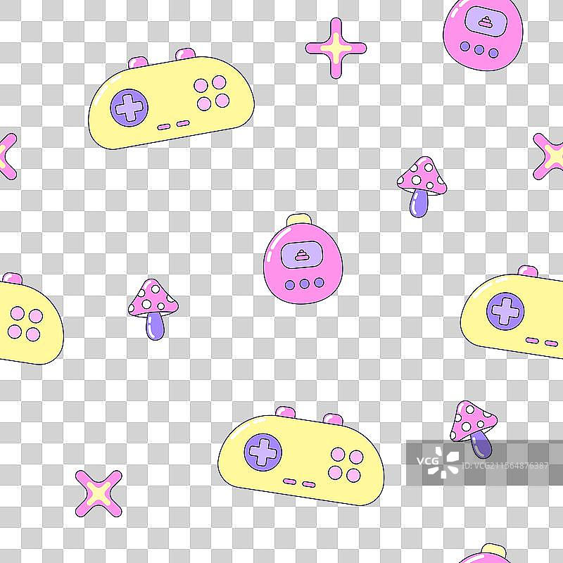 无缝图案，包含游戏手柄和苍蝇伞蘑菇图片素材