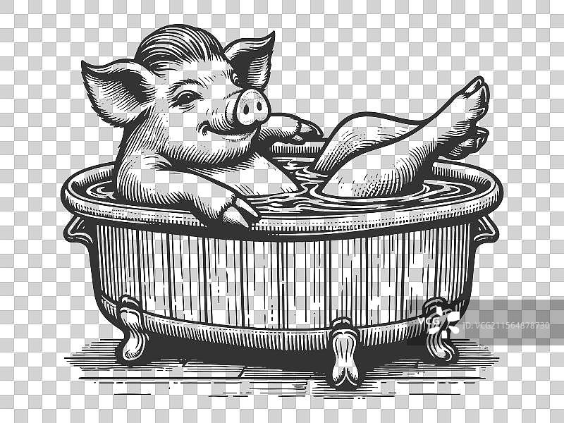 快乐的小猪在浴缸里的雕刻图片素材