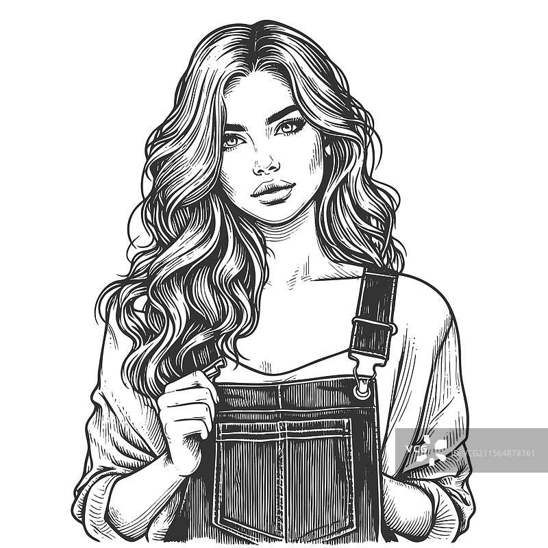 穿着工装、波浪卷发的女性雕刻作品图片素材