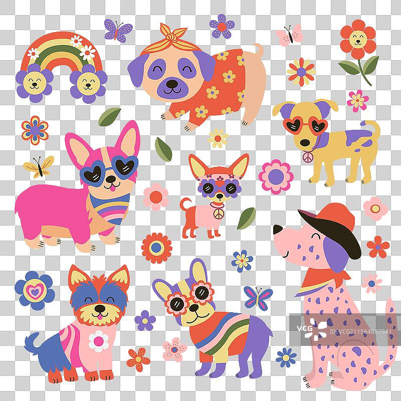 一组孤立的复古嬉皮狗与花朵图片素材