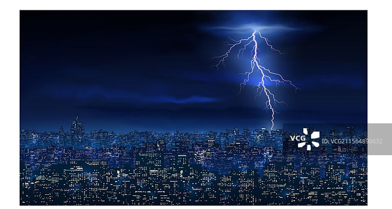 城市夜景中的雷暴闪电图片素材