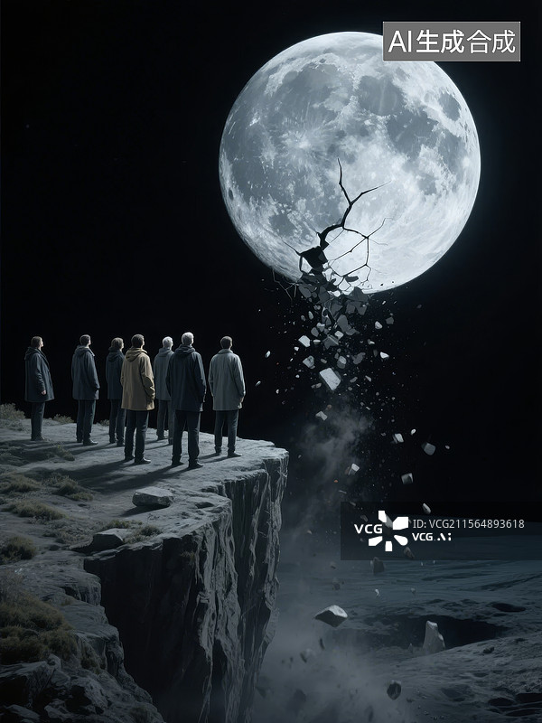 【AI数字艺术】人们站在悬崖边，面对破碎的月亮图片素材