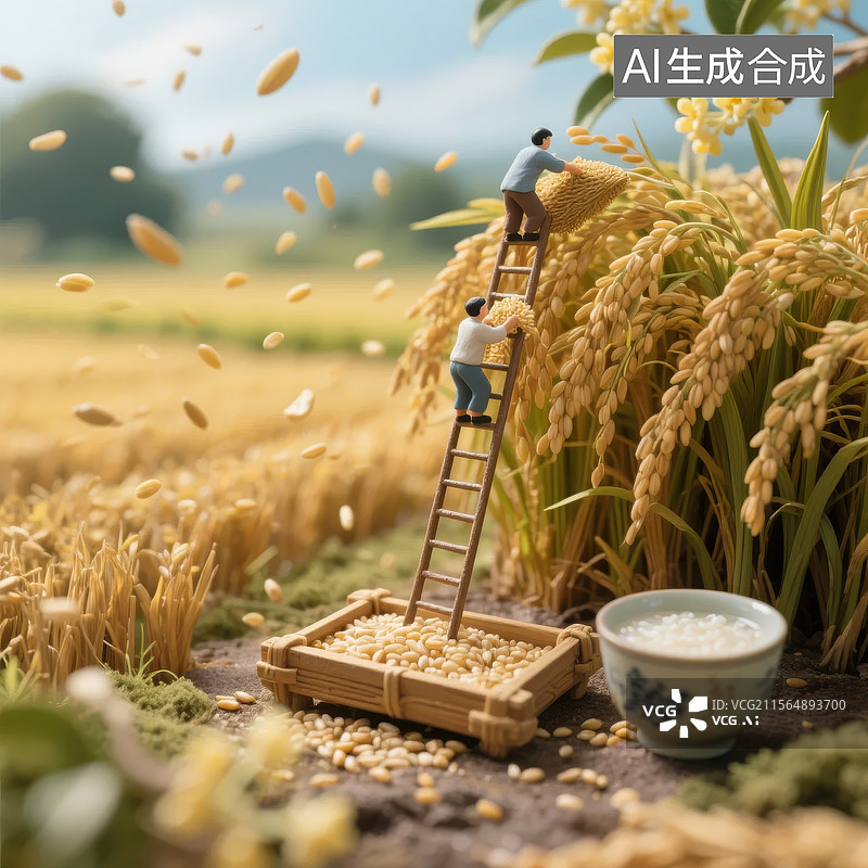 【AI数字艺术】微型人物在稻田中收获水稻图片素材