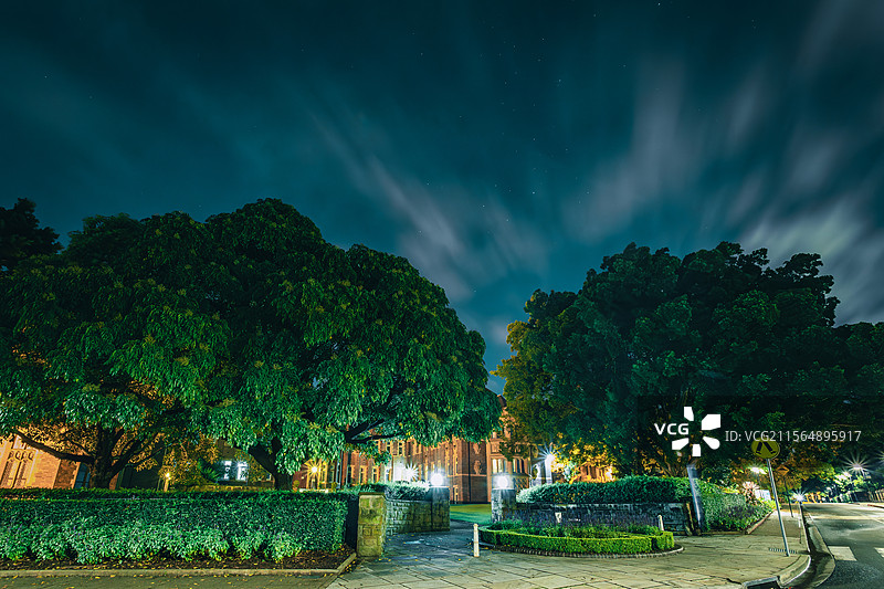 蓝色夜幕与流动的云彩：城市街景与绿树林的夜晚交响曲图片素材