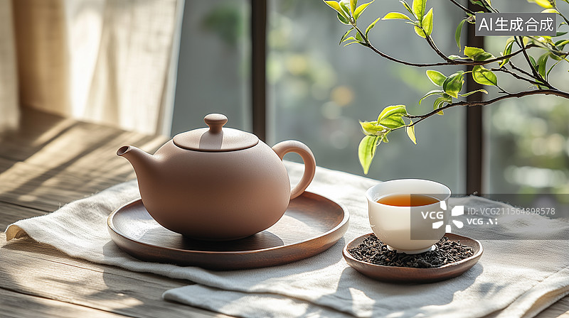 【AI数字艺术】茶具与自然光线图片素材