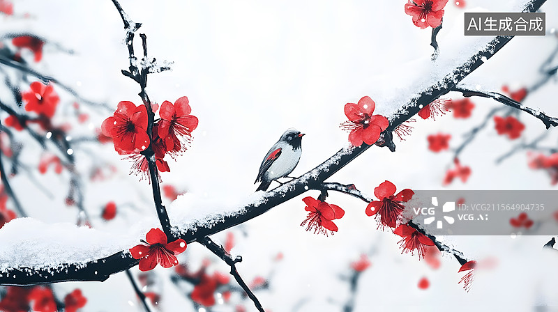 【AI数字艺术】雪中红梅水墨画风格花鸟图图片素材