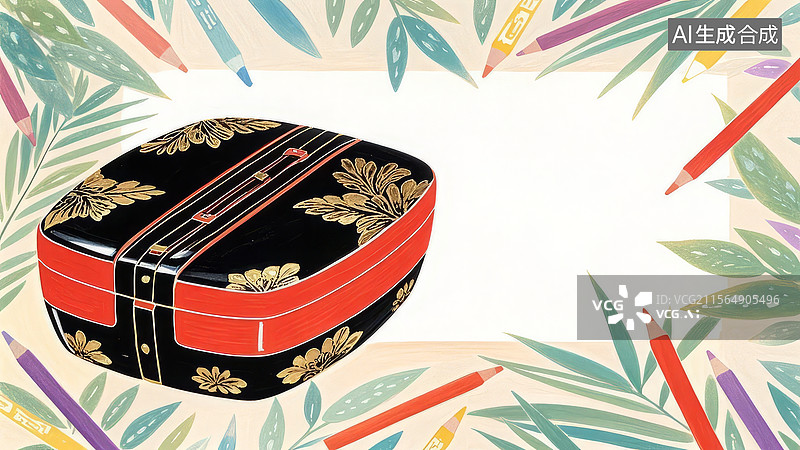 【AI数字艺术】2D卡通居左-传统日式漆器盒与彩色铅笔图片素材