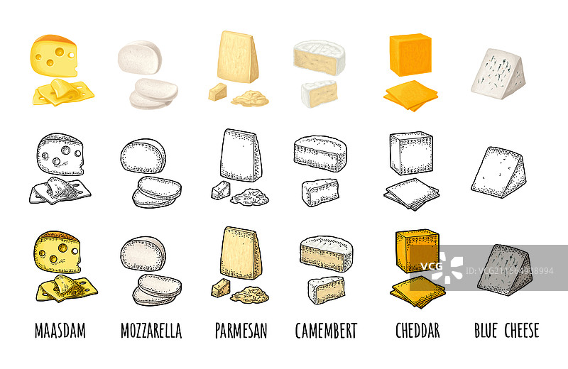 马斯达姆奶酪、马苏里拉奶酪、切达奶酪、帕尔马奶酪块图片素材