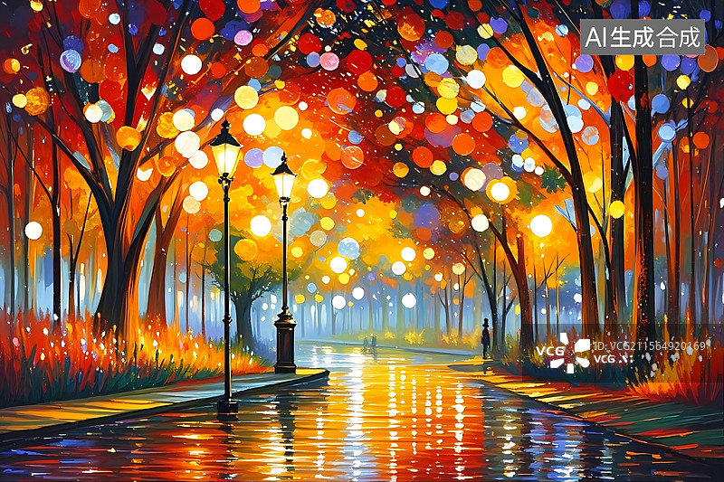 【AI数字艺术】秋夜灯火阑珊图片素材