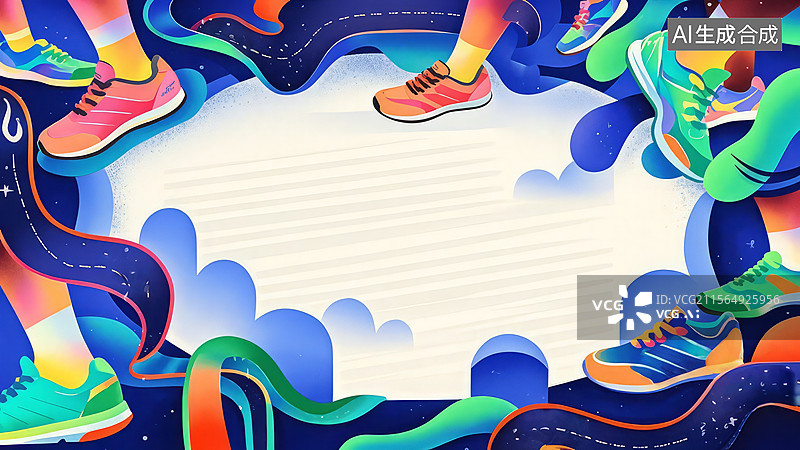 【AI数字艺术】2D卡通最大--多彩跑步鞋在抽象背景中图片素材