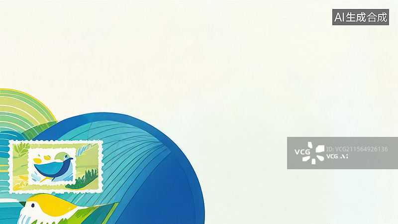 【AI数字艺术】2D卡通左下-邮票上的蓝鸟与碗图片素材