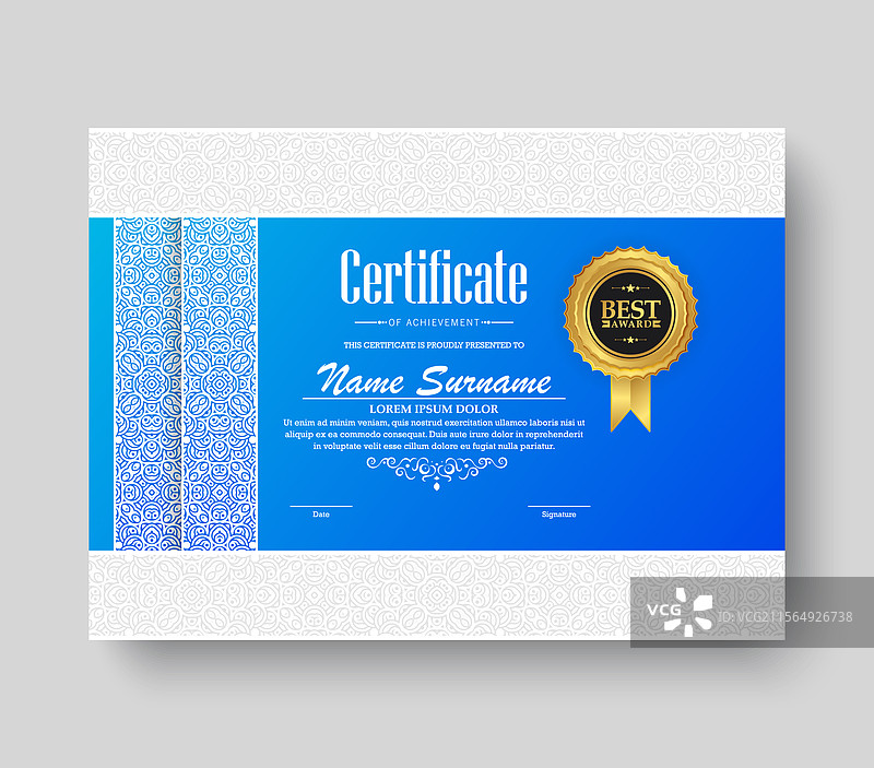 蓝色成就证书最佳奖项文凭图片素材